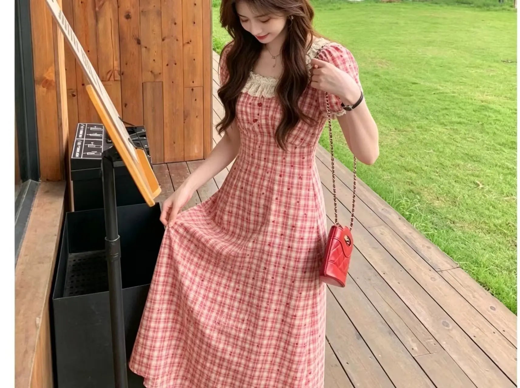 Retro Lace Red Plaid Heart Floral Summer Dress plus Size Waist Cinching Belly Covering Slimming Long A-Line Skirt Dress