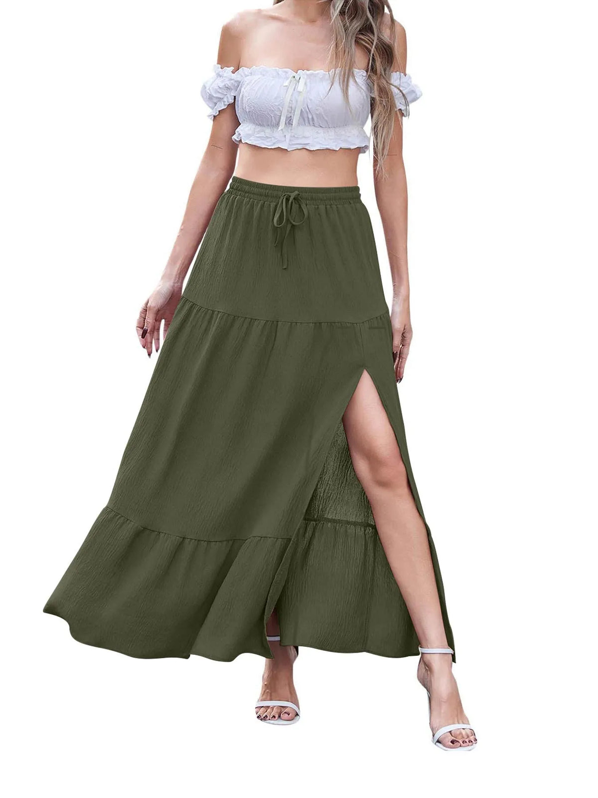 Women's Boho Summer Elegant High Waist Side Slit A Line Skirt with Drawstring Elastic Waist Solid Color Casual Maxi Dress