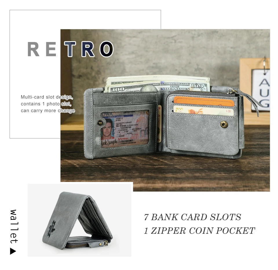 Contact’S Men’s Trifold Wallet - Genuine Crazy Horse Cowhide Leather