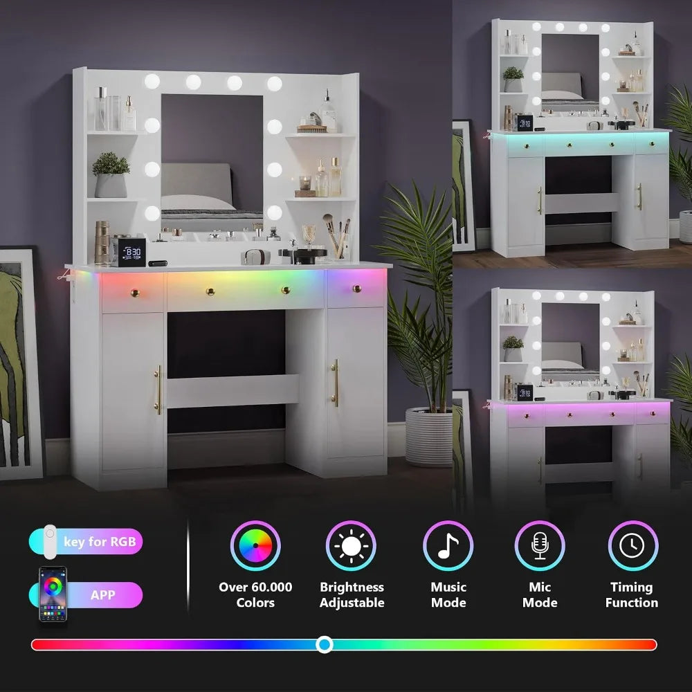 Makeup Vanity Desk with Mirror & Lights, 43" White Dressing Table, 3 Drawers, Power Outlet, RGB LED
