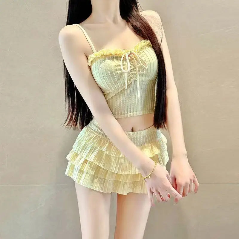 Sweet Sister Two-Piece Swimsuit Female Cake Skirt Slimming Female Polyester Fabric with Chest Pad No Steel Support