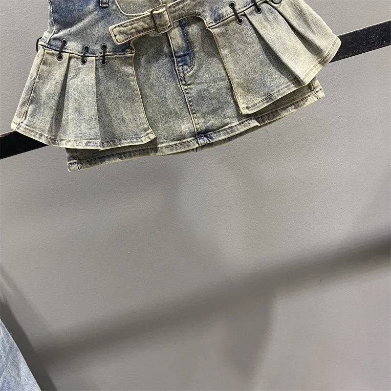 Retro American Denim  Skirt Women's Spring Summer Design Slimming Sexy A-Line Pleated Short Skirt High Waist Cotton Polye...