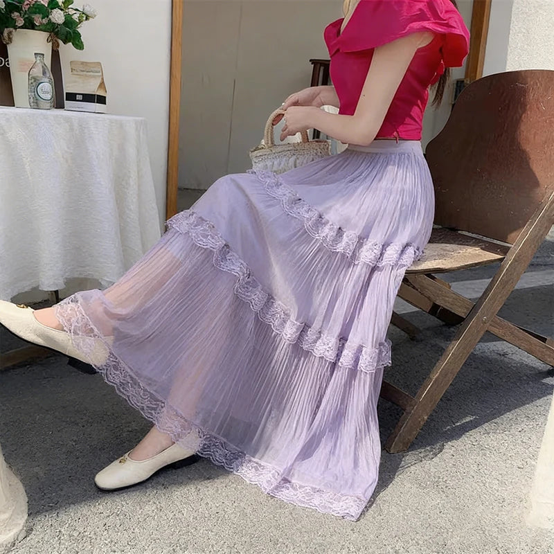 Retro Sweet White Long Skirt Women Casual Loose High Waist Elegant Skirt Vintage Lace Patchwork Korean Summer Long Skirts