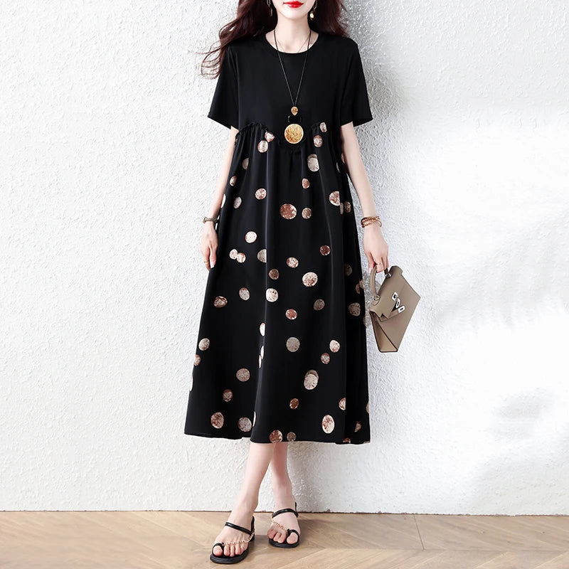 Summer New plus Size Polka Dot Dress Color Block Loose Fitting Slimming Effect Casual Commute Style Women's Dress