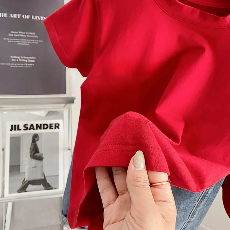Kids Solid Color Cotton T-Shirt 2026 Spring Summer New Boys Girls Round Neck Short Sleeve Basic Tops Children Casual Tees