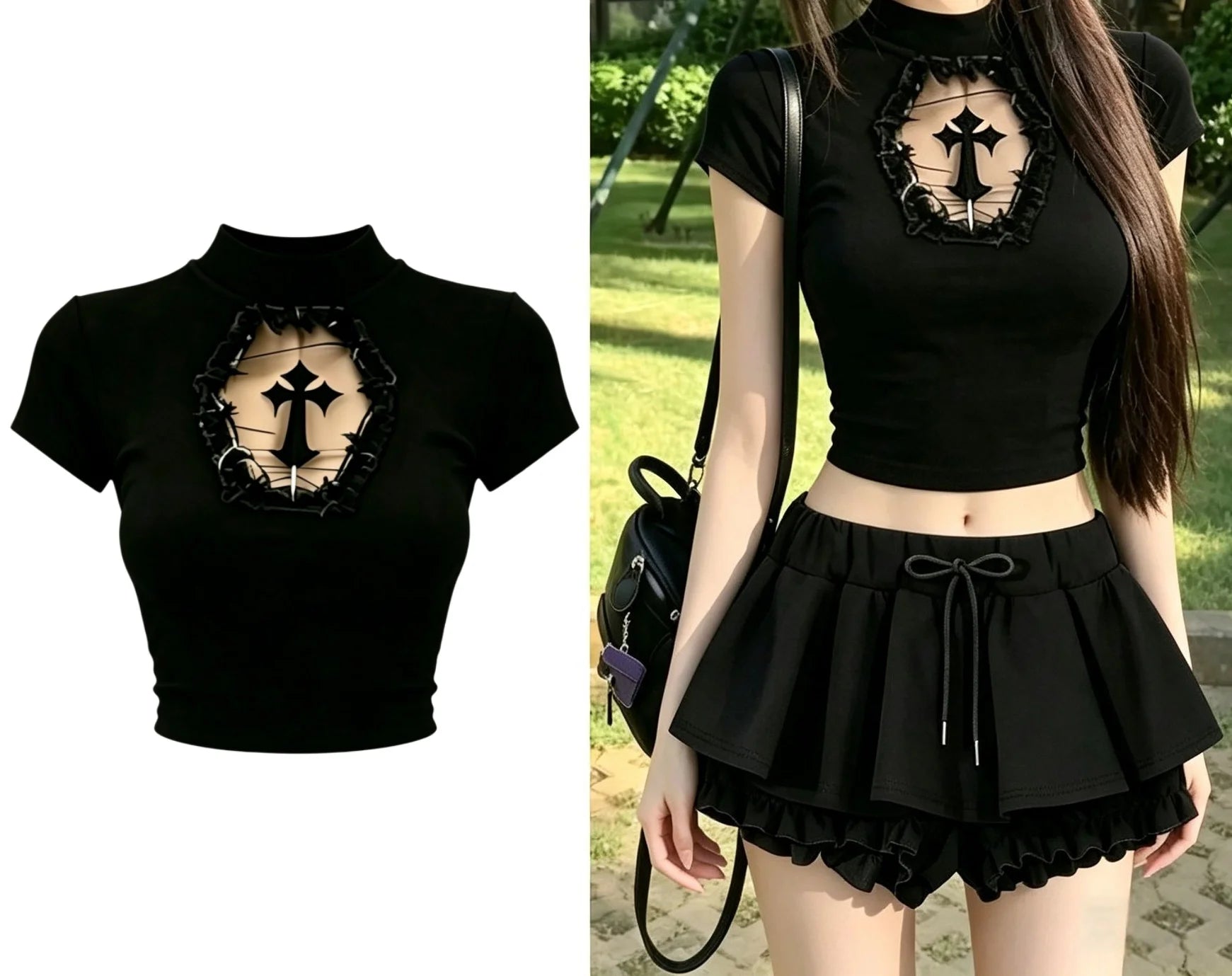 Y2K Gothic Basic T-shirt Women Cyber Punk Aesthetic Cross Mesh Patchwork See Through Crop Tops O-neck Short Sleeve Tee Slimming