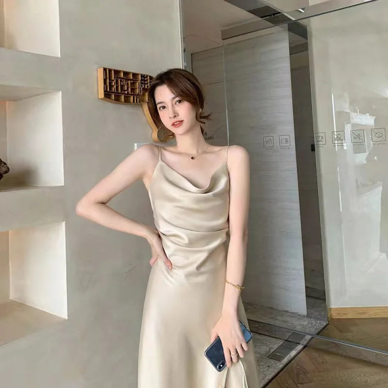 Slimming A-Line Midi Dress Women's Summer 2026 New Style Drapey Strapless Gown Gentle Wind Long Dress Polyester Solid Color