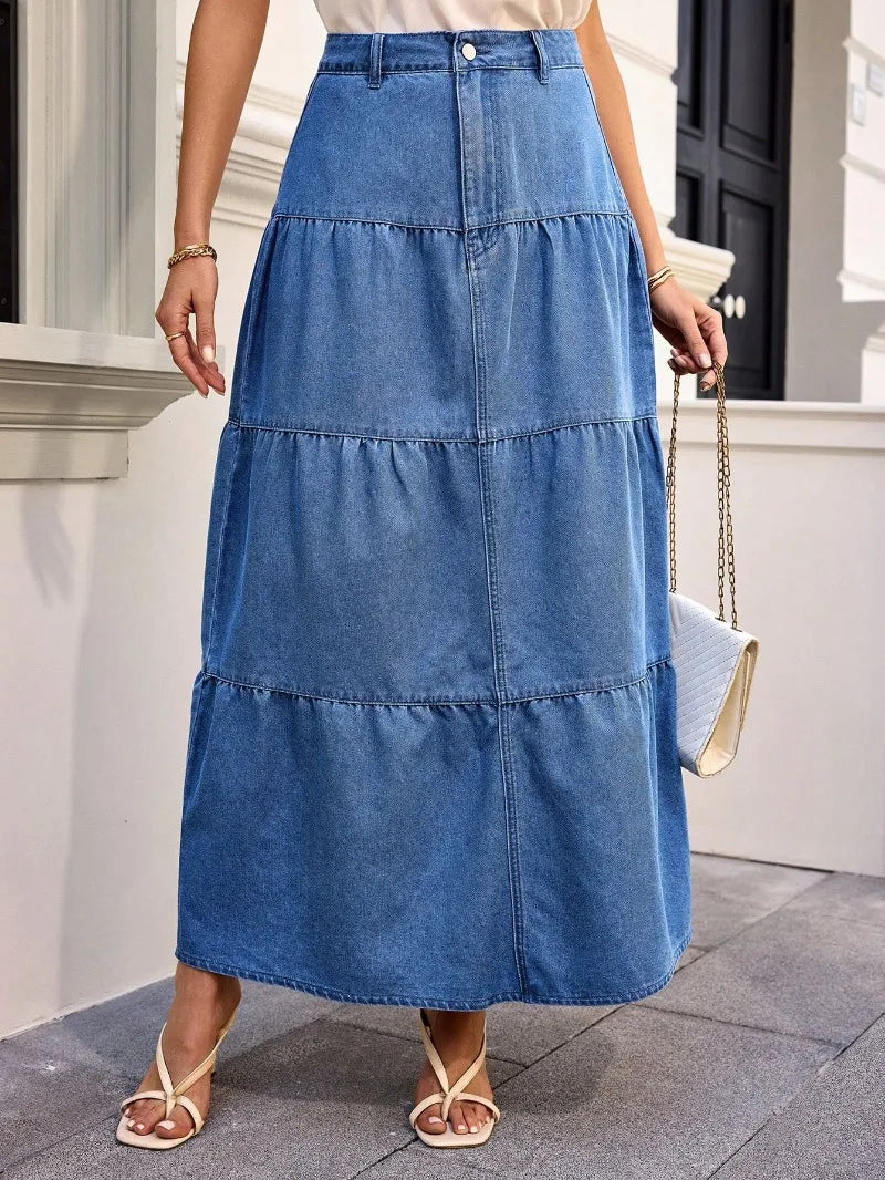 Maxi Skirts Boho Style Cotton Women's Skirt Femme High Waist Denim Skirts Mujer Vacation Bottoms A-line Layered Skirt Streetwear