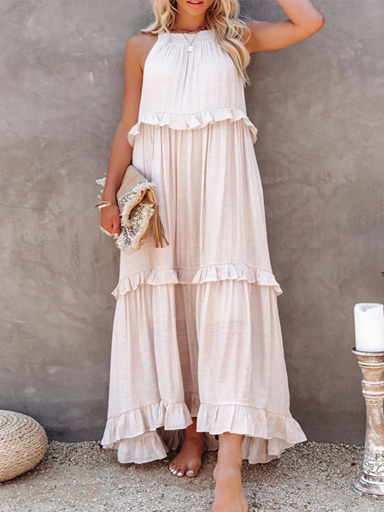 Women Halter Neck Maxi Dress Sleeveless Ruffle Tiered Loose Flowy Bohemian Beach Long Dress
