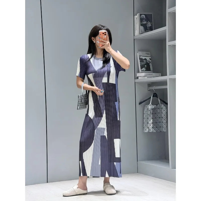 Miyake Pleated Dresses 2026 Summer New Fashion Printed Round Neck Short Sleeve Elegant Women's Draped Elastic Wrinkle-Free Dress