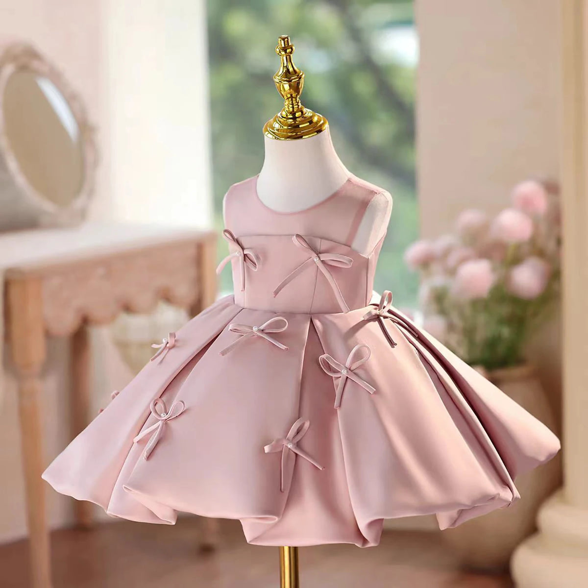 Dreamy Vow D097 Elegant Pink Bow Sleeveless Knee-Length Baby Girl Dress For Kids Birthday Party Spring Summer Prom Tulle Dress