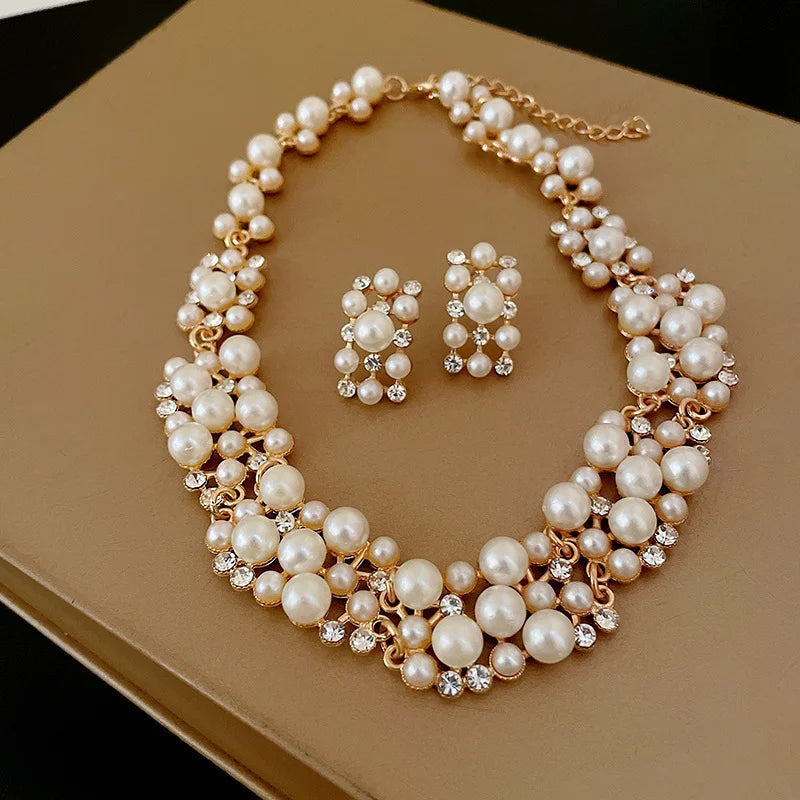 Elegant Rhinestone Pearl Jewelry Set Rectangular Earrings Necklace Two Piece Vintage Choker for Wedding Brides