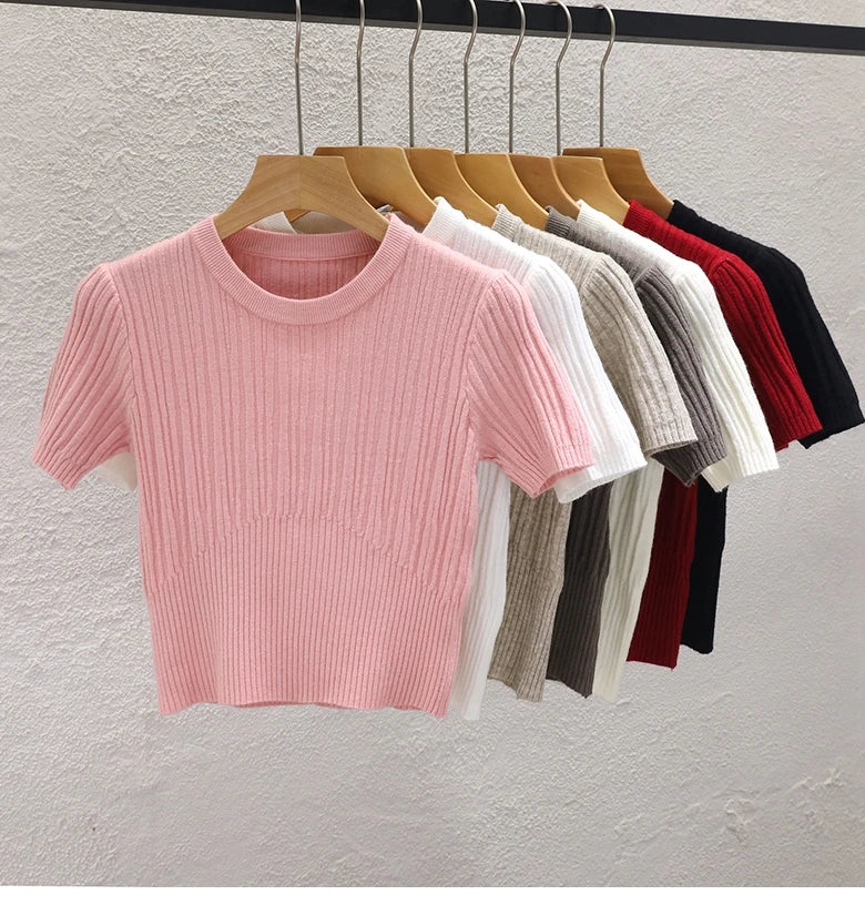 Korean Knit Crop Tee | Women's Casual Solid Basic Top