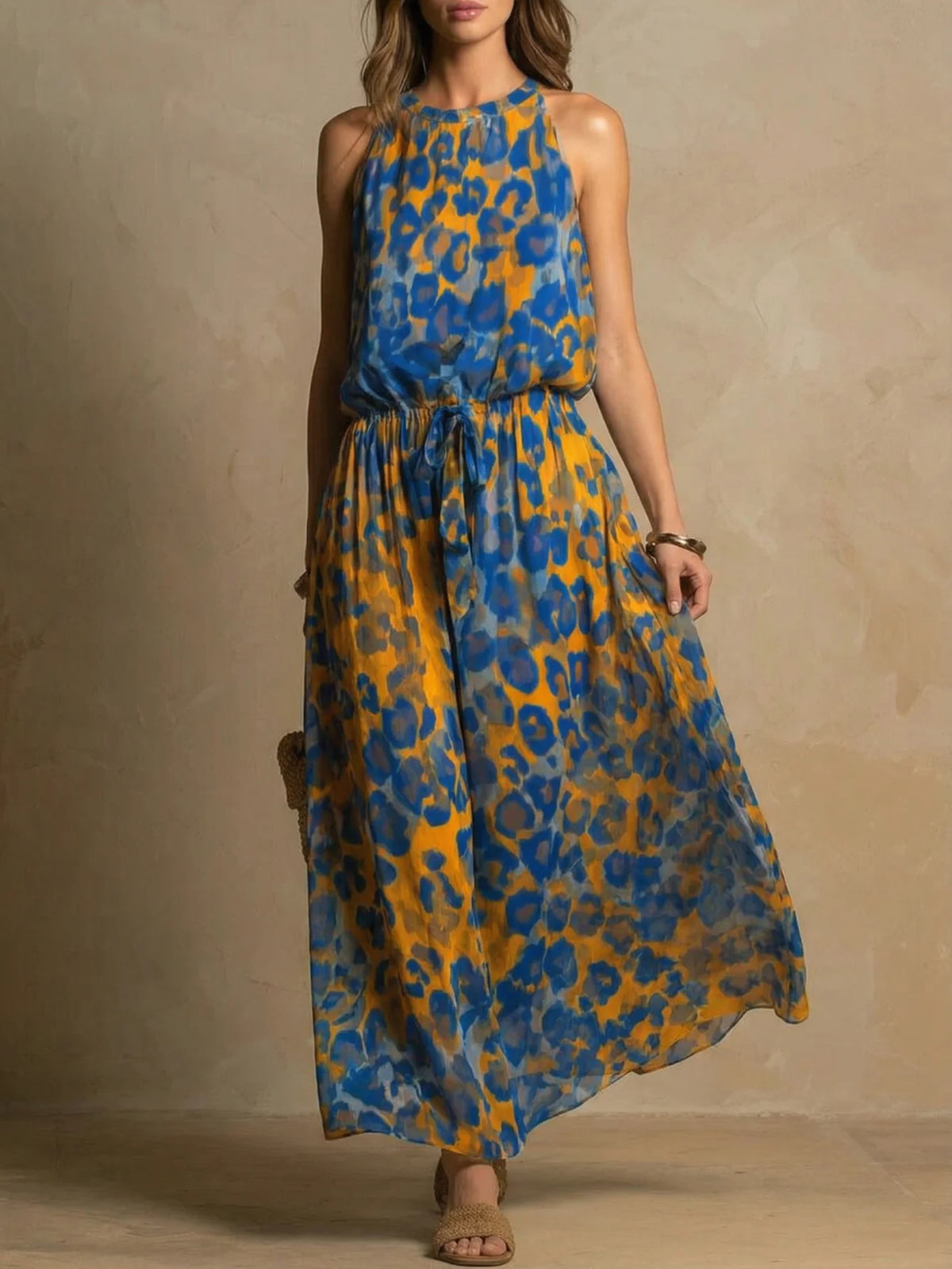 Women's Halter Sleeveless Maxi Dress Leopard Print Waist Tie Detail Loose Fit Long Dress Fashion Casual Ladies Daily Wear