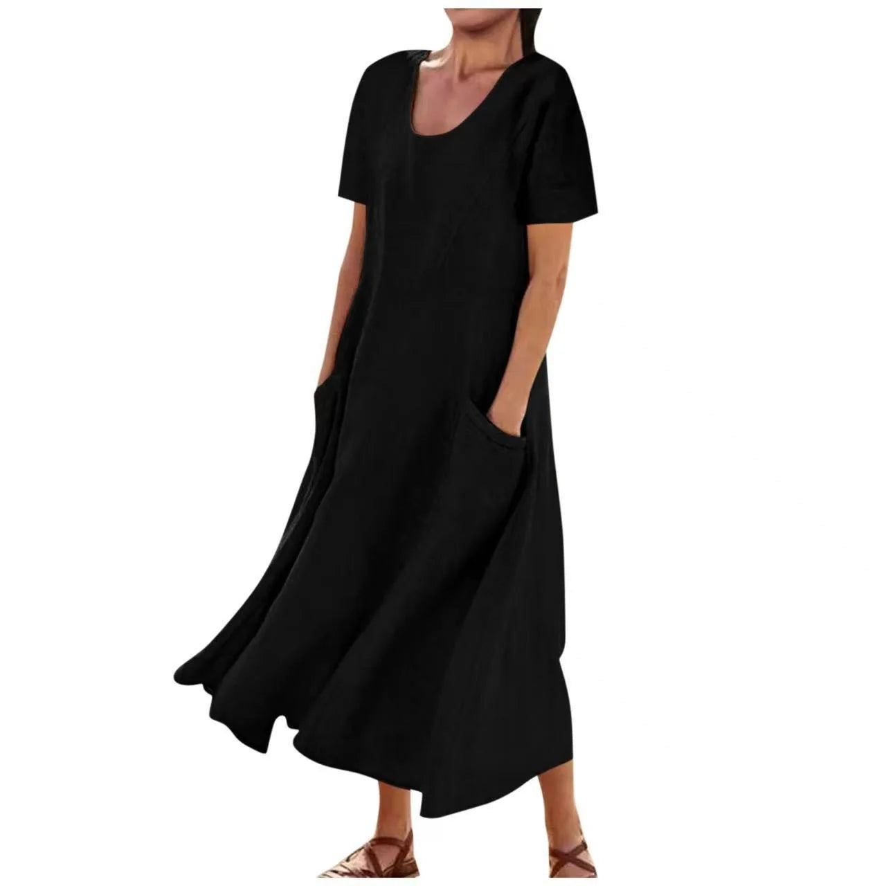 Women Solid Cotton Linen Round Neck Short Sleeve Loose Flowy Maxi Dress EU US Gown