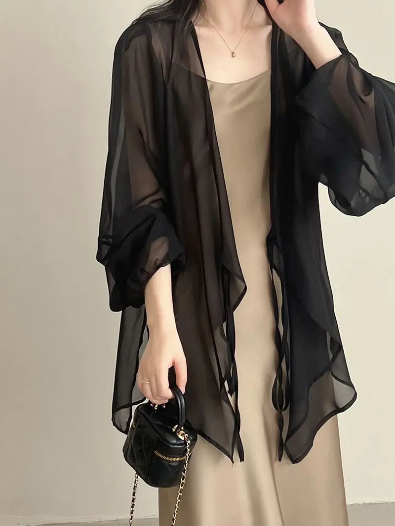 Shirts Women V-neck Loose Long Sleeve Open Stitch Korean Style Lace-up Simple Solid Summer Chiffon Breathable Minimalist Stylish