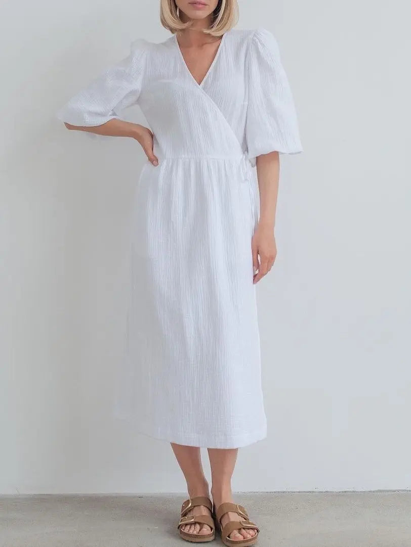 Long Dress Women Dresses Vestidos Lace Up V Neck Puff Sleeve Solid High Waist Female A Line Office Lady Summer 2025 Maxi Gown