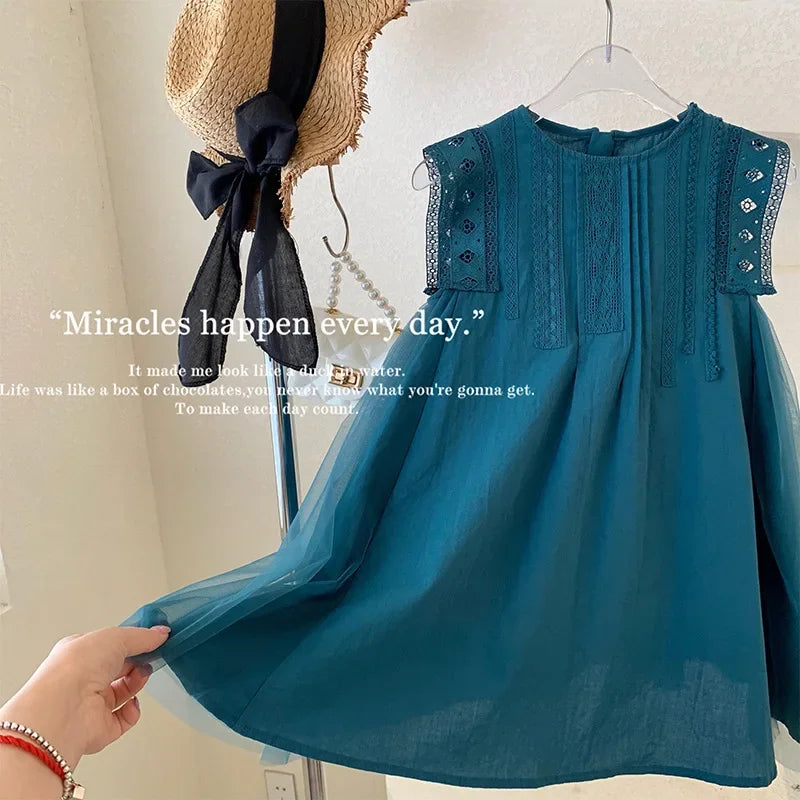 New Summer Princess Girls Dress Sleeveless Lace Mesh Dress For 2-8 Years Old Kids Children Birthday Present Clothes
