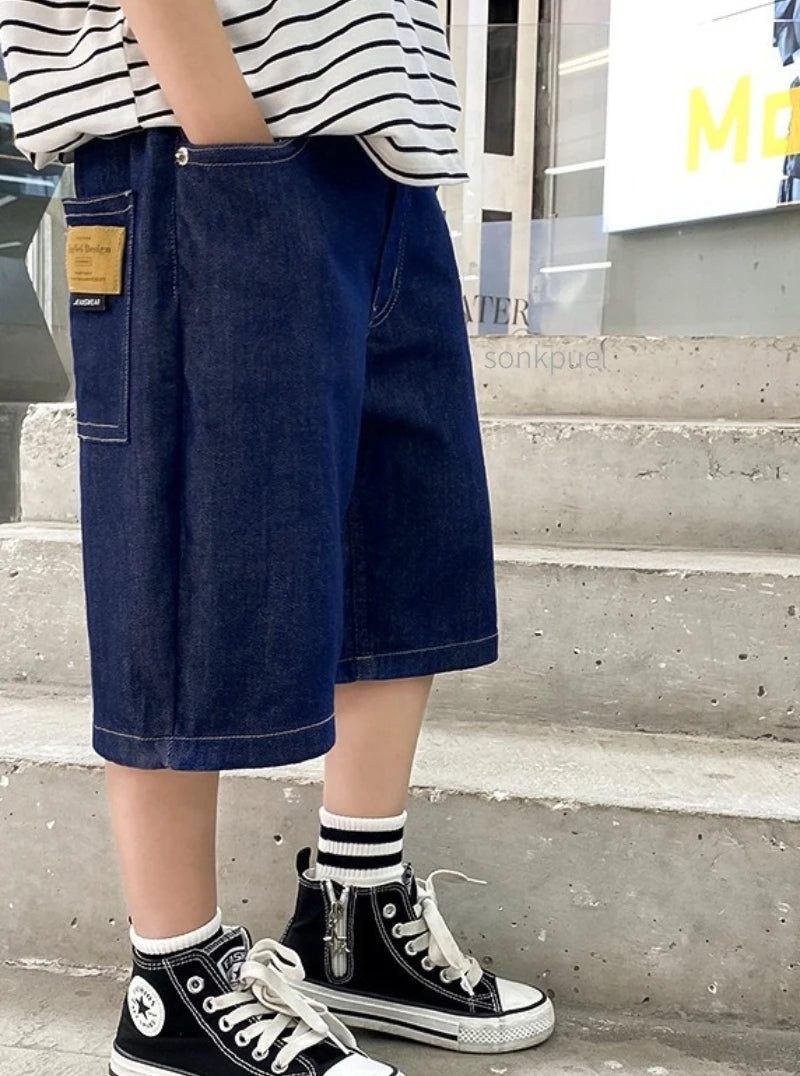 New Boys Summer Fashion Denim Shorts Kids Casual Loose Thin Knee-Length Trousers 3-12 Years Teenager Outdoor Five-point Pants