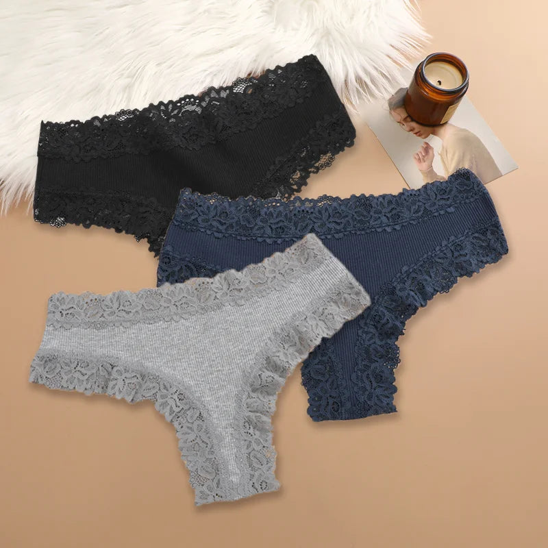Women Cotton Panties Set 3 Pieces Floral Lace Patchwork Briefs Breathable Soft Underwear Size S XL