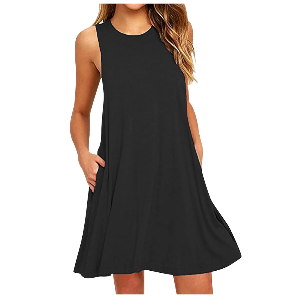 Women's Dress Summer Casual T Shirt Dresses Beach Cover Up Plain Pleated Tank Pockets Dress Sleeveless Solid Color Sundress