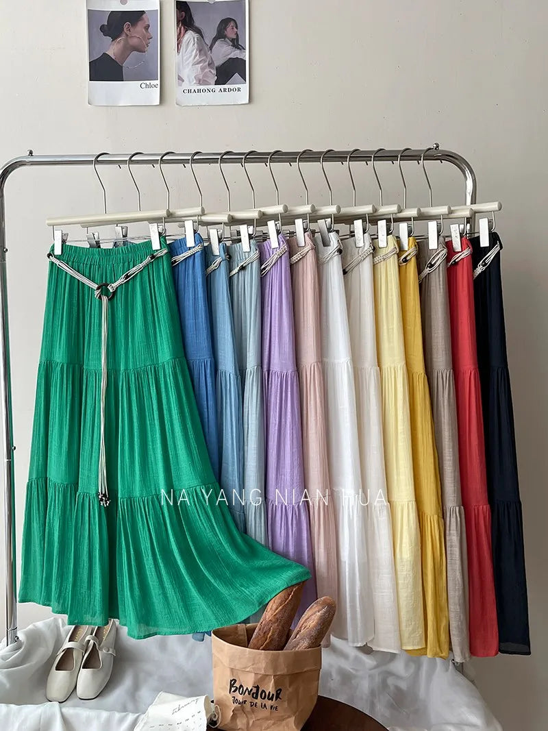 Beiyingni 2025 Summer French Women's Linen Cotton Maxi Skirts Casual Vintage Sashes Korean Long Cake Skirt Female Boho Vacation