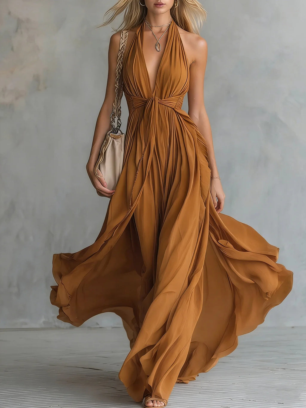 Elegant V-Neck Sleeveless Waist-Cinched Long Dress Summer New Style Pure Color Holiday Vibes Cross-Border Polyester Maxi Dress