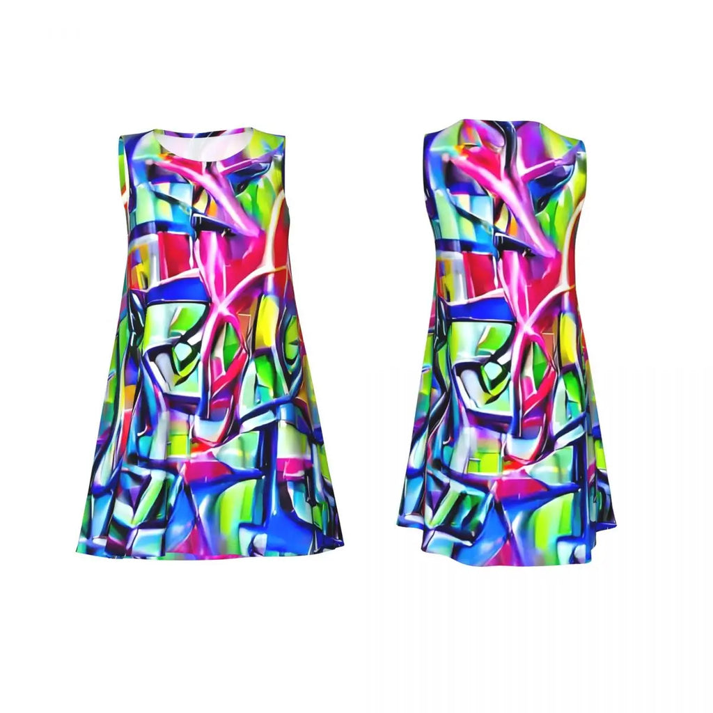 Shiny Graffiti Casual Dress Colorful Print Sleeveless Boho Dresses Women O Neck Street Fashion Dress Day Print Vestidos Present