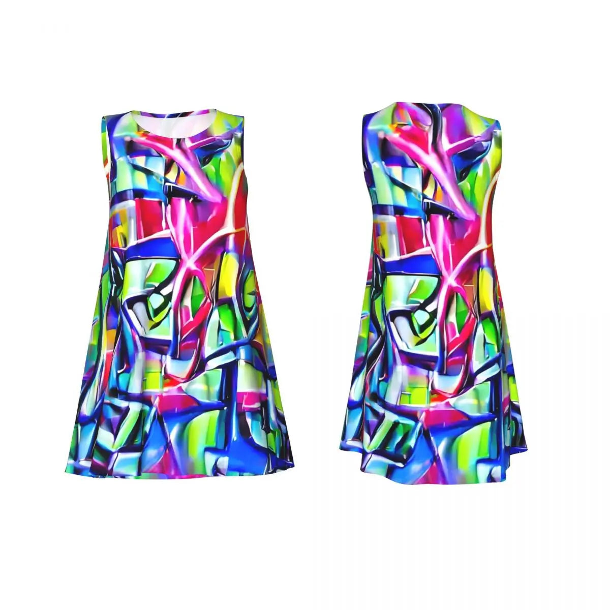 Shiny Graffiti Casual Dress Colorful Print Sleeveless Boho Dresses Women O Neck Street Fashion Dress Day Print Vestidos Present