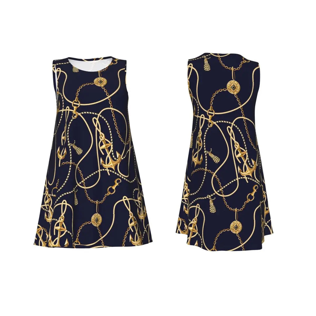Gold Chains Print Casual Dress Anchor Korean Fashion Dresses Sleeveless Elegant Dress New Arrival Round Neck Lady Print Vestidos