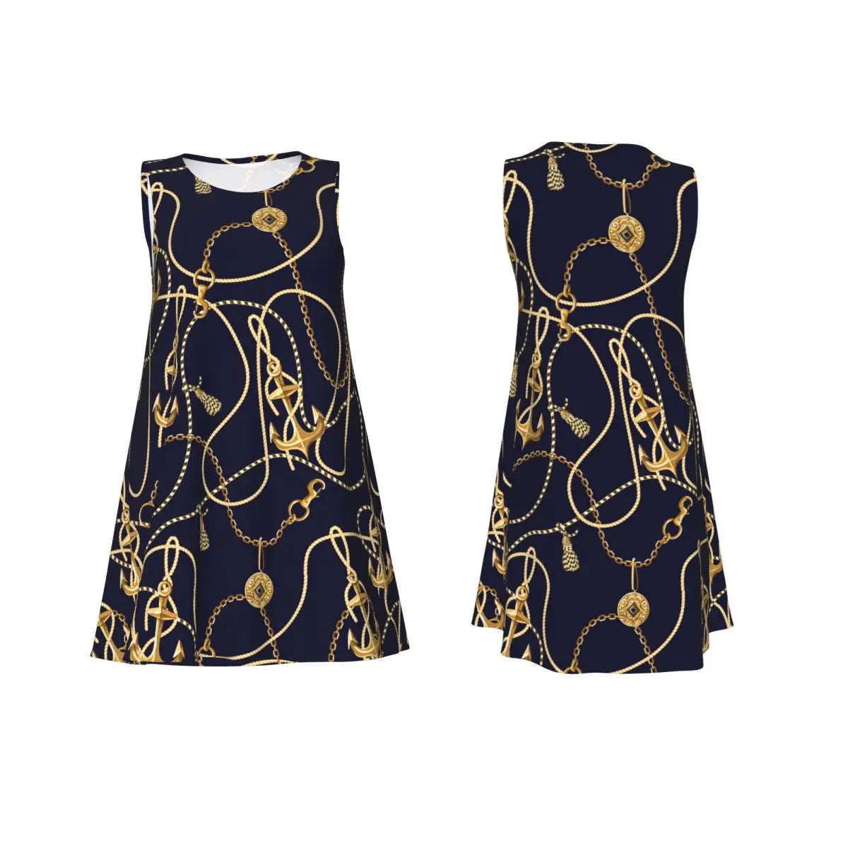 Gold Chains Print Casual Dress Anchor Korean Fashion Dresses Sleeveless Elegant Dress New Arrival Round Neck Lady Print Vestidos