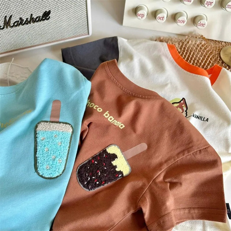 Summer New Children'S 100% Cotton T-Shirt Baby Boys Fashion Short-Sleeved Cartoon Tops Kids Girl Patchwork Costume Outerwears