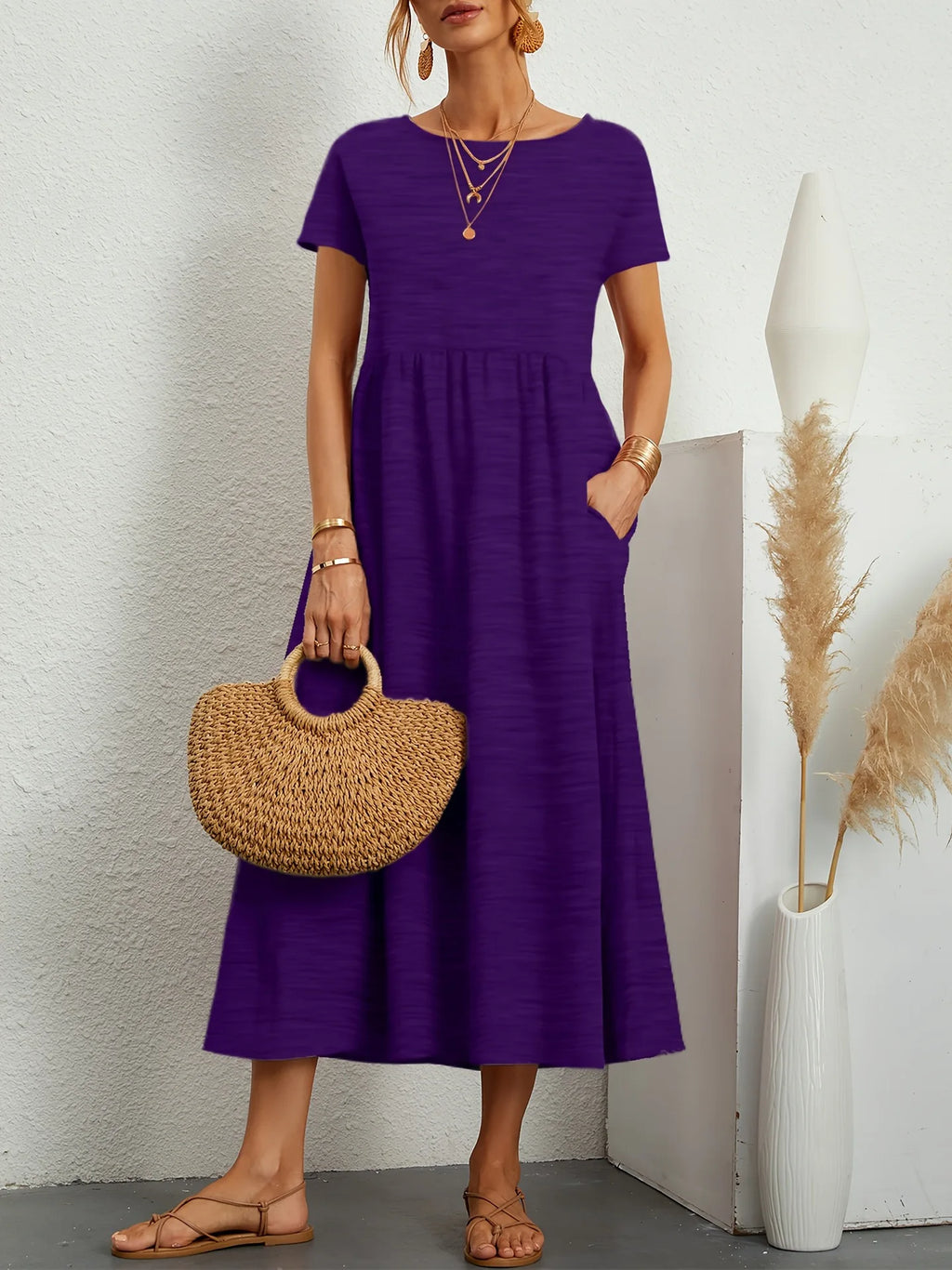 Casual Long Ice Silk round Neck Short Sleeve Dress Pure Color A-Line Skirt Comfortable Elastic Waist Elegant Commute Style