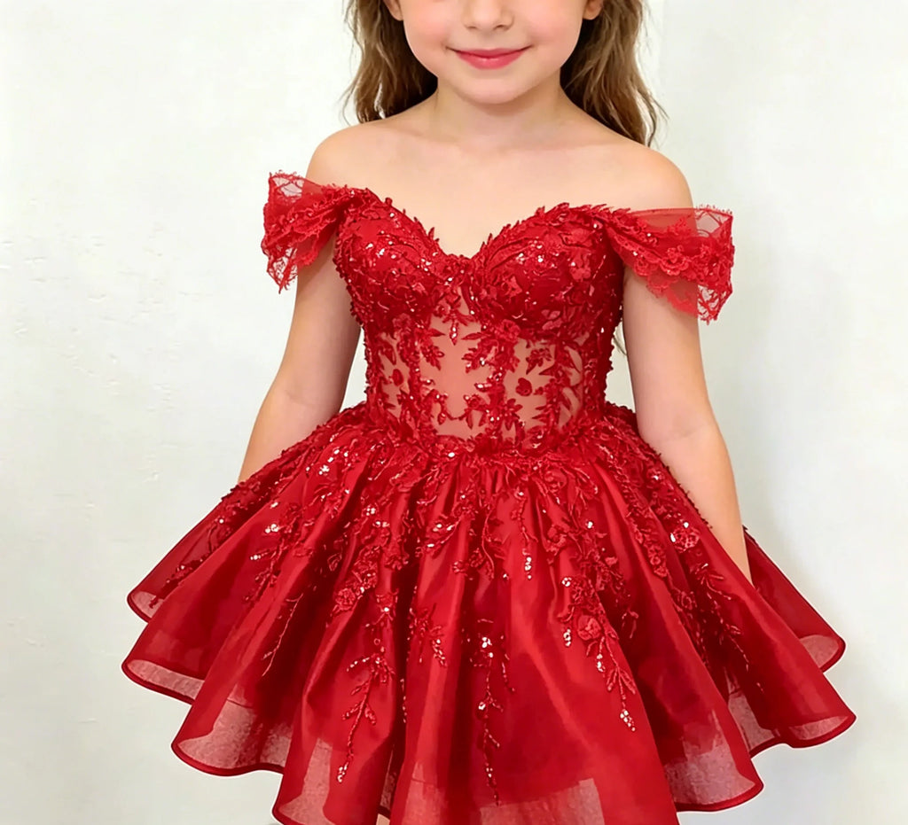Customized Off Shoulder Black Knee Lenght Flower Girl Dress for Wedding V Neck See Through Beading Applique Bridal Gown