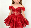 Customized Off Shoulder Black Knee Lenght Flower Girl Dress for Wedding V Neck See Through Beading Applique Bridal Gown