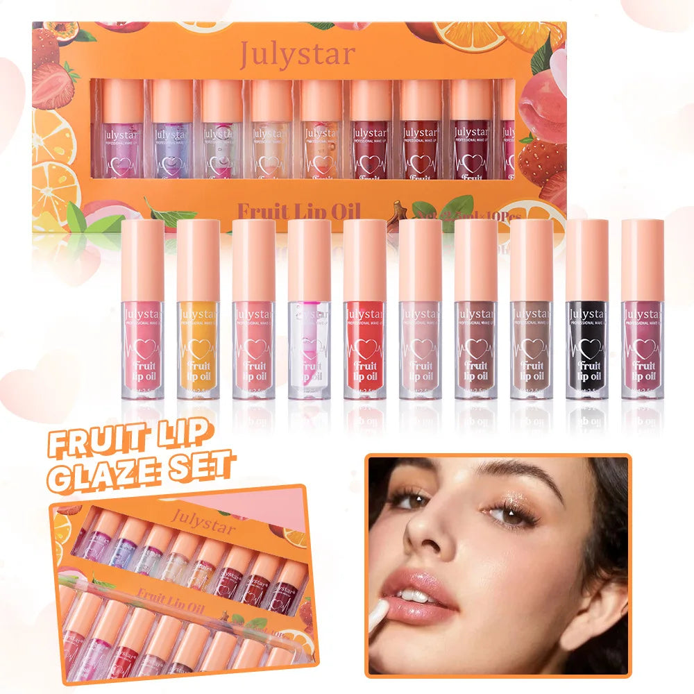 10Color Fruit Flavor Temperature Changing Lip Oil Set Hydrating Glossy Lip Gloss Brightening Water Light Lip Makeup Cosmetic Kit
