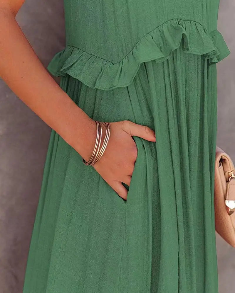 Women Halter Neck Maxi Dress Sleeveless Ruffle Tiered Loose Flowy Bohemian Beach Long Dress