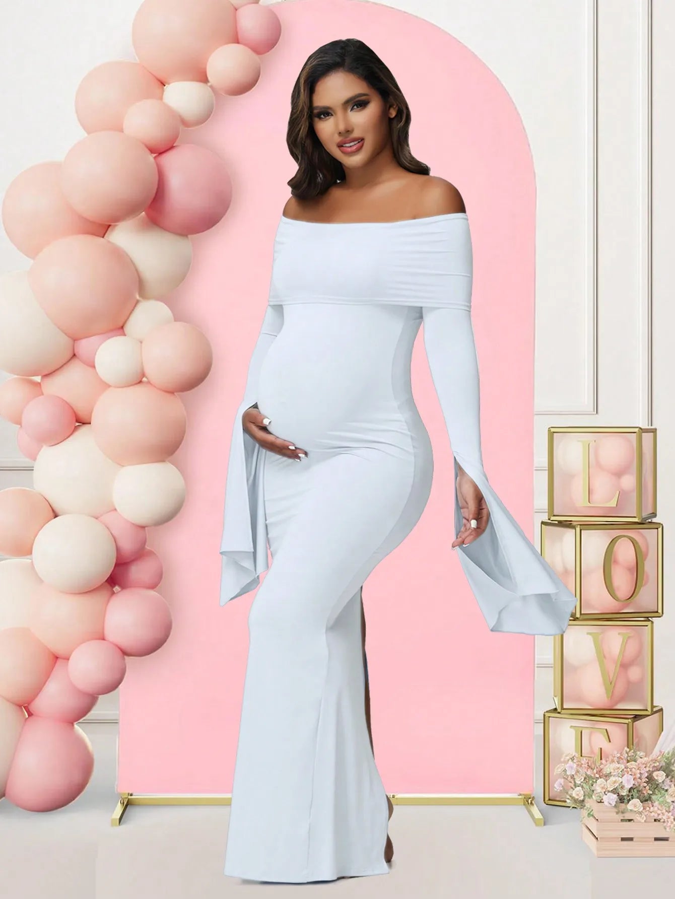 Off - Shoulder Bodycon Maternity Maxi Gown | Baby Shower Photoshoot