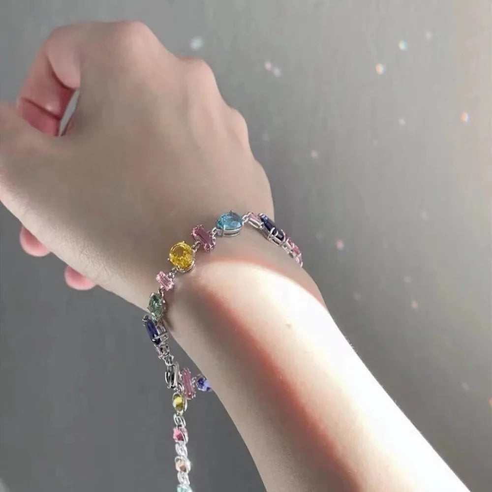 New Colorful Crystal Necklace Bracelet Chain For Women'S Elegant Clavicle Chain Irregular Zircon Necklace Jewelry Sets Gifts