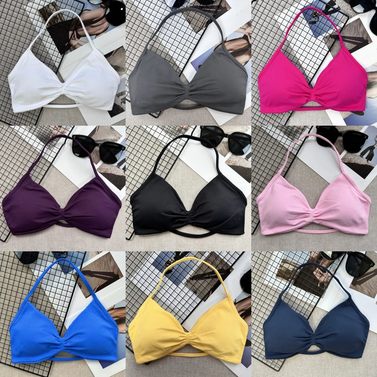 Seamless Sexy Open Back Gym Yoga Crop Top Women Halter Sports Bra Push Up Strappy Padded Workout Tank Tops