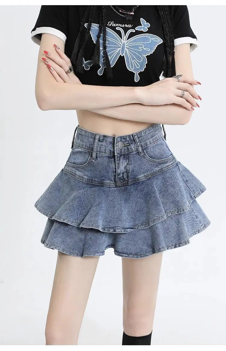 Women's Double Layer Ruffled Denim Mini Skirt With Heart Chain Decoration