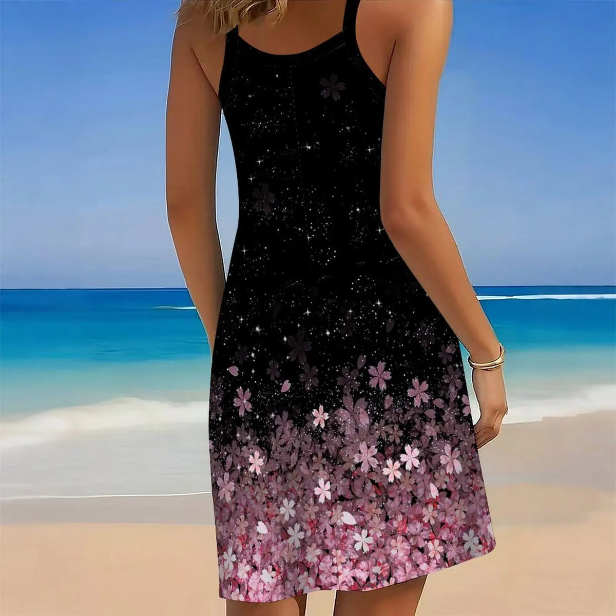 Women's Print Spaghetti Strap Cover Up Dress Irregular Hem Sleeveless Beach Swim Cover Up Sundress
