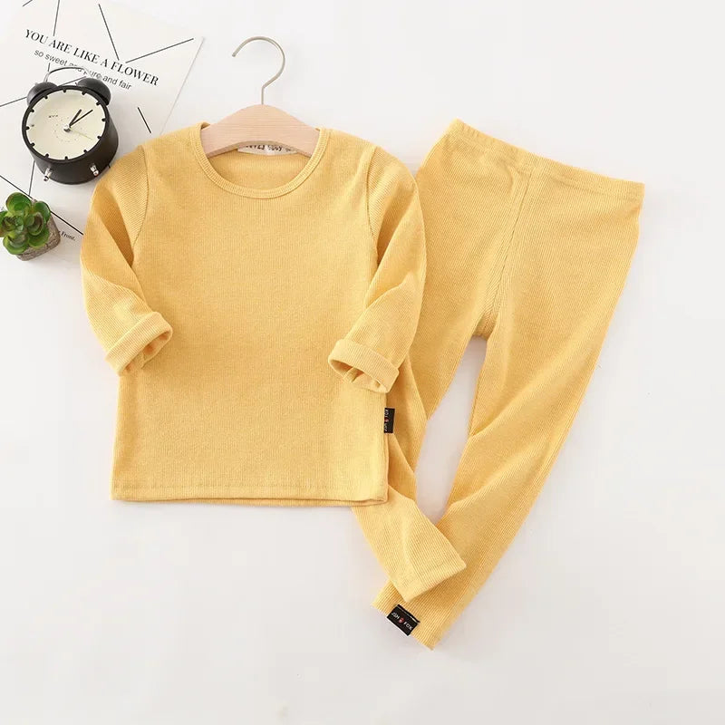 Kids Unisex Ribbed Cotton Pajama Set - Long Sleeve Pullover & Pants