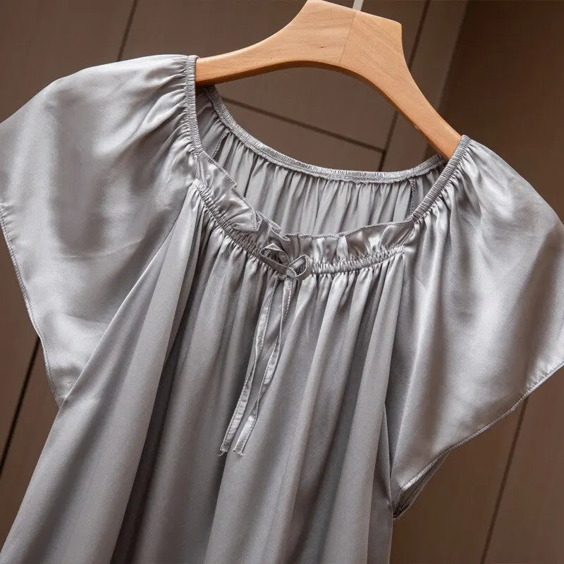 Loose 100%Silk Short Sleeve Nightgown, Summer Medium-long Satin Sleepwear Woman