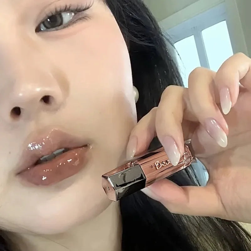 Ice Transparent Brown Lip Gloss Moisturizing Glossy Liquid Lipstick Water Light Glass Mirror Lip Glaze Long-lasting Beauty Lips
