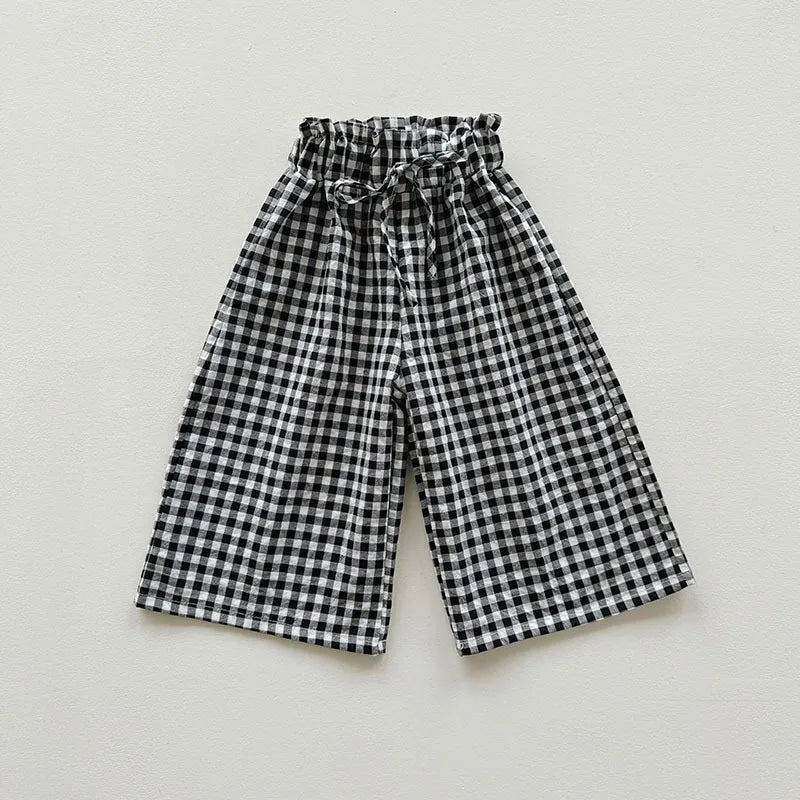 Kids Pants Plaid Printed Wide-leg Pants Flower Waist Summer Culottes Girls Pants Kids Clothes for Girls 2 To 8 Years