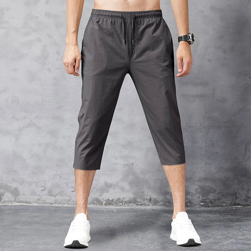 3/4 Length Men's Shorts Quick Drying Ice Silk Summer Breeches Male Long Calf Bermuda Board Beach Elastic Big Size Nylon Stretch