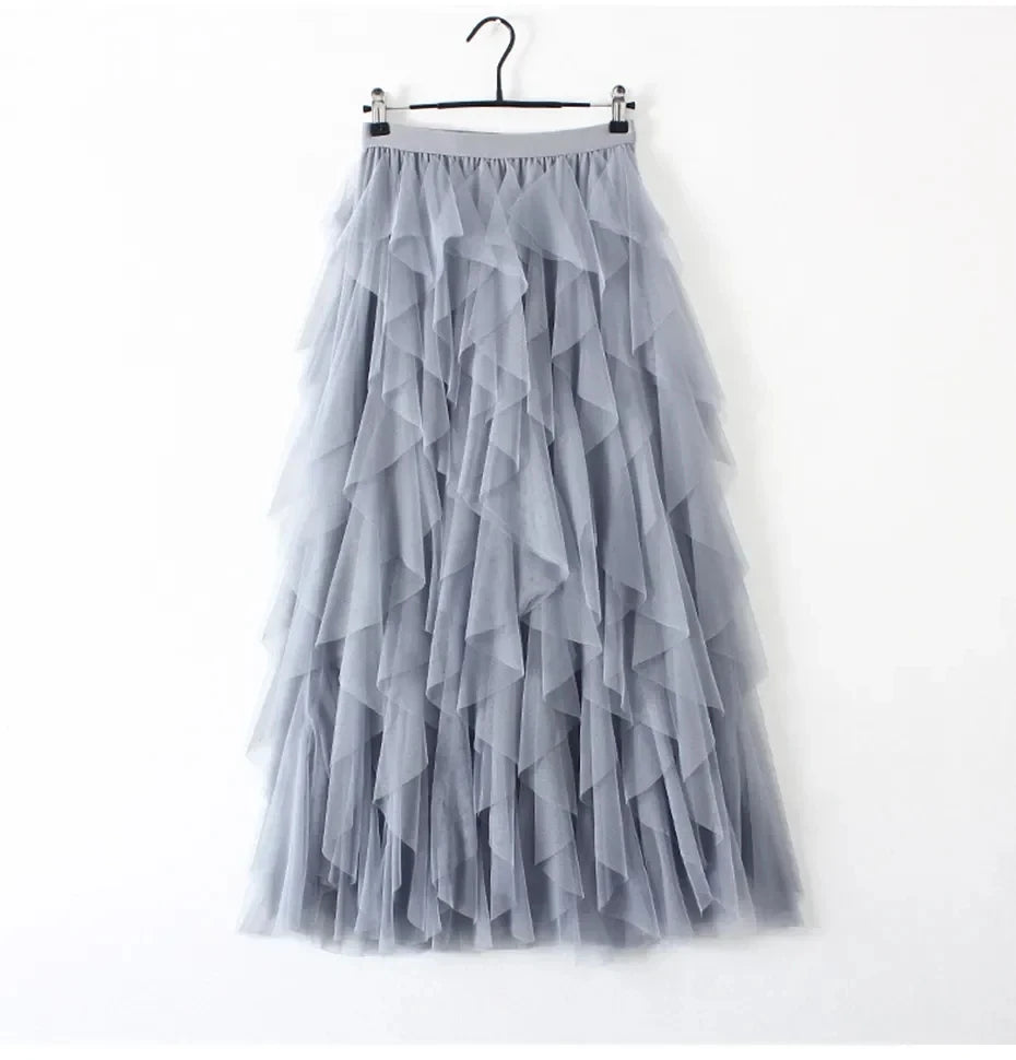 Womens Elastic High Waist Tulle Mesh Irregular Tutu Skirt Gauze Skirt Spring and Summer New Pleated A-Line Skirt in the Long Hi