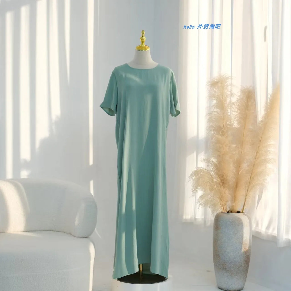 Fashionable  Color round Neck Short Sleeve Long Dress Inner Wear Dress Ethnic Style New Arrival High Waist Polyester Fabric