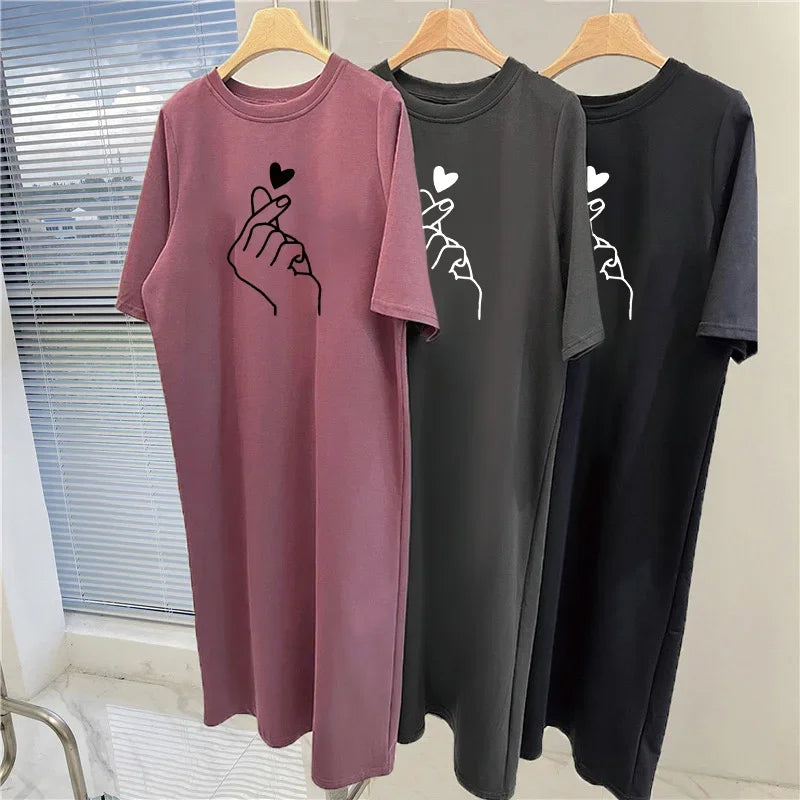 Spring and Summer Simple Temperament and Elegant Heart-print Large Size Loose Dress Casual Women Short-sleeved Going Out Dresses